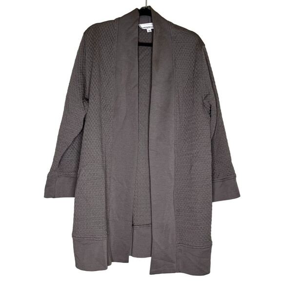 Caroline Rose Open Front Sweater Women's Size Medium Grey Pockets Long Midi Text - Picture 1 of 5